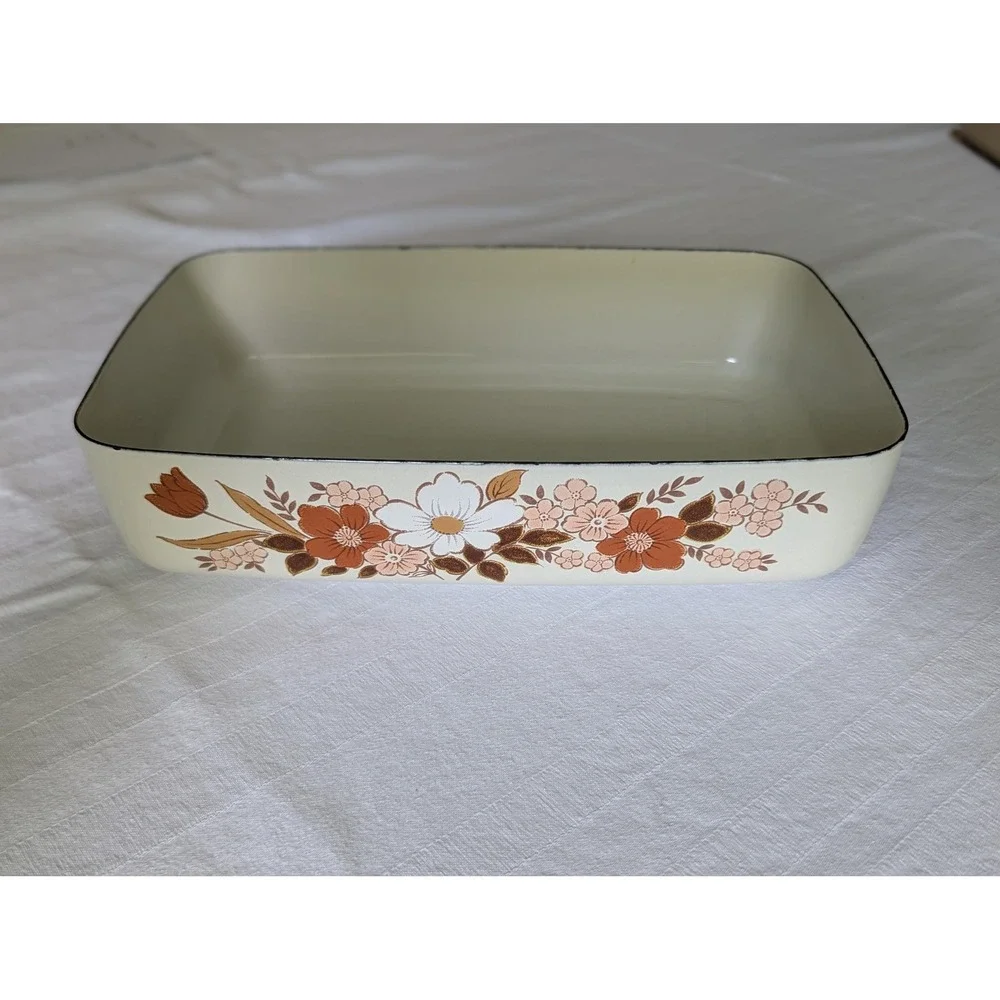 Vintage Kingsbury Dogwood Casserole Dish 70's Enamelware Floral Mid-Century